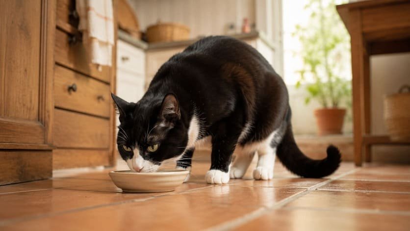 Female black and white cat sniffing a small bowl on a kitchen floor with mild interest