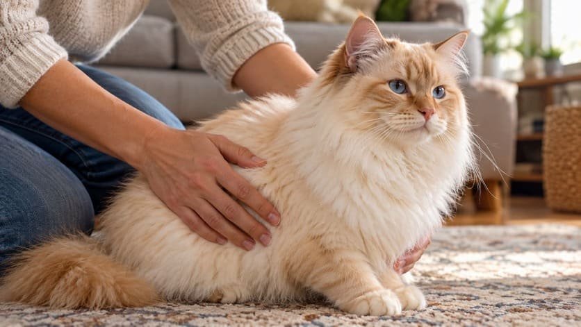 Hands feeling along the side of a fluffy Ragdoll cat to check body condition under her coat