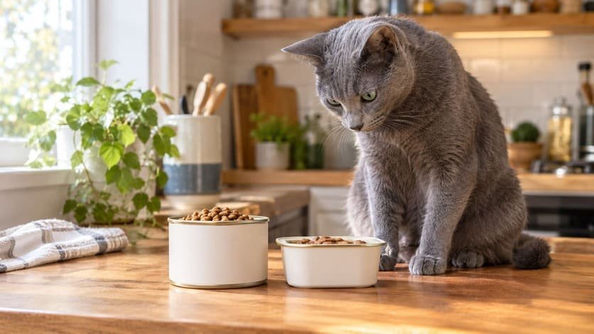 Two unbranded cat food containers on a kitchen counter with a curious cat looking on
