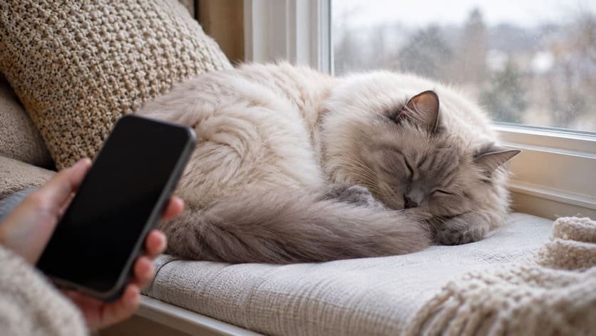 Ragdoll cat asleep on a windowsill cushion while her owner quietly counts her breaths