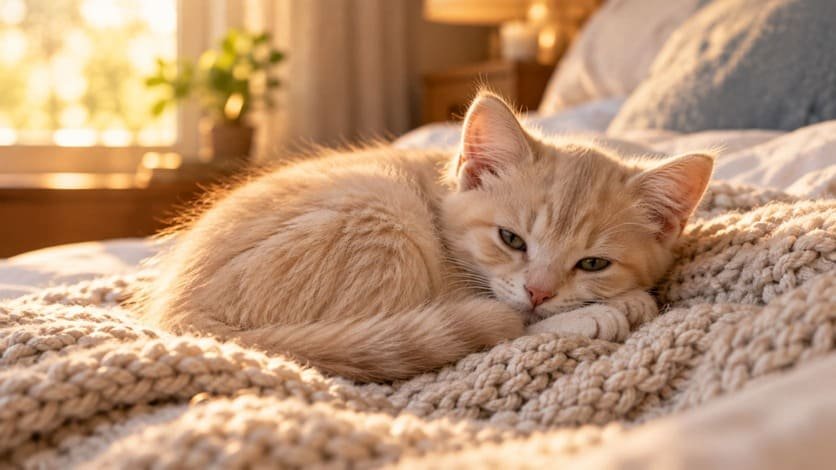 Cream colored male kitten curled on a knitted blanket in warm indoor light