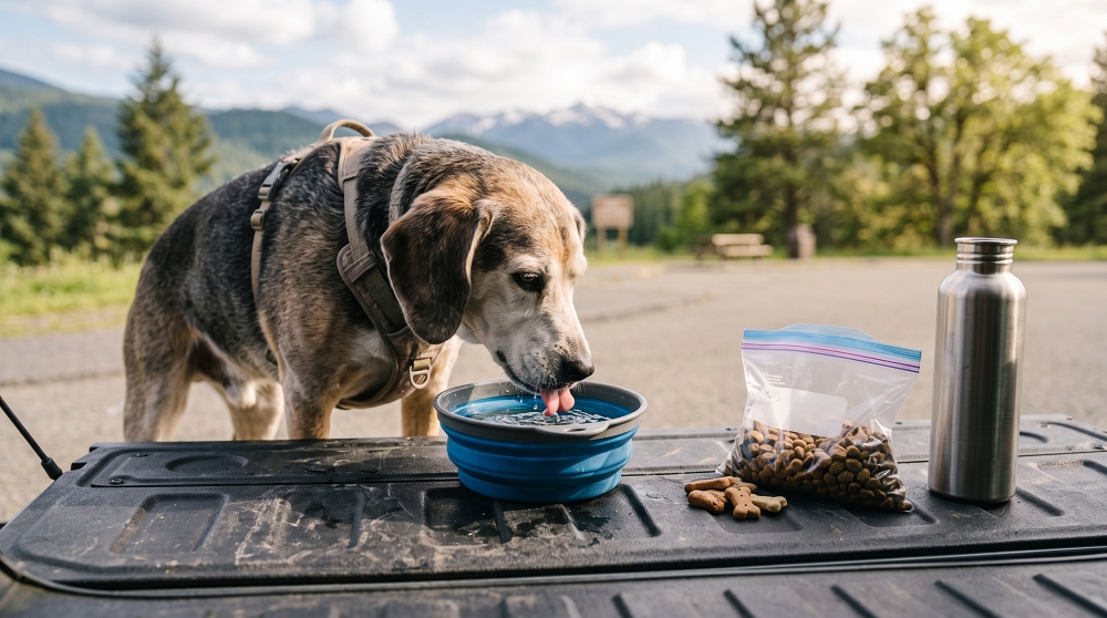 Senior dog drinking from a collapsible water bowl on a truck tailgate next to dog treats