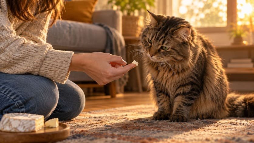Person offering a small piece of cheese with a pill hidden inside to a cat