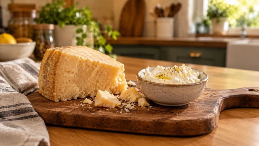 Aged hard cheese and soft cream cheese side by side on a kitchen board