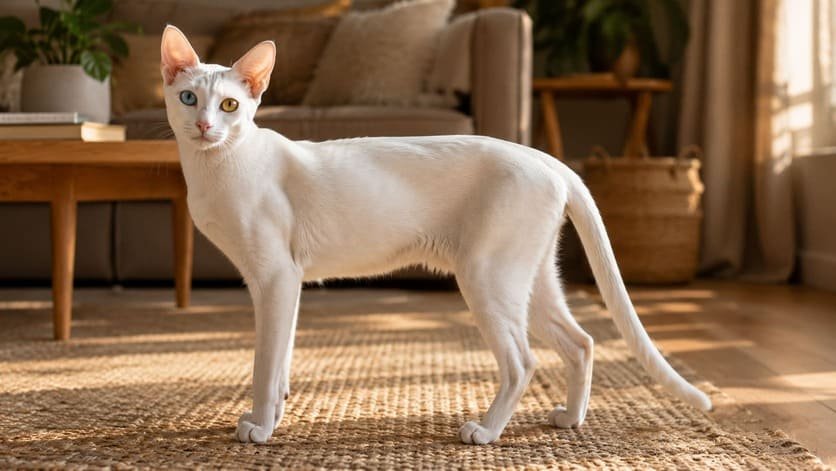 Slim, muscular white Khao Manee cat standing in profile on a living room rug
