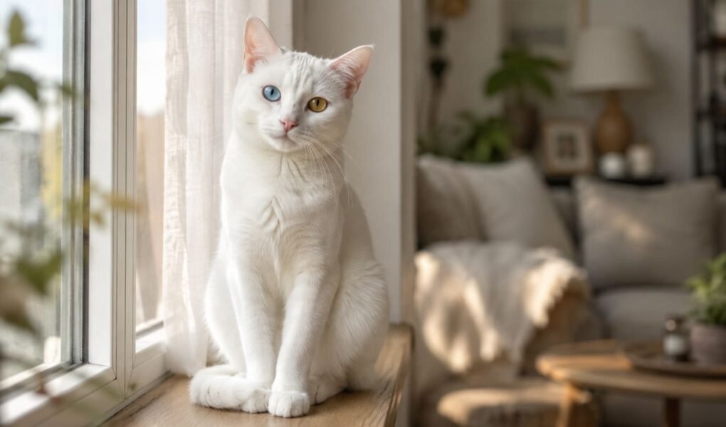 Odd-eyed white Khao Manee cat sitting on a sunlit windowsill in a home