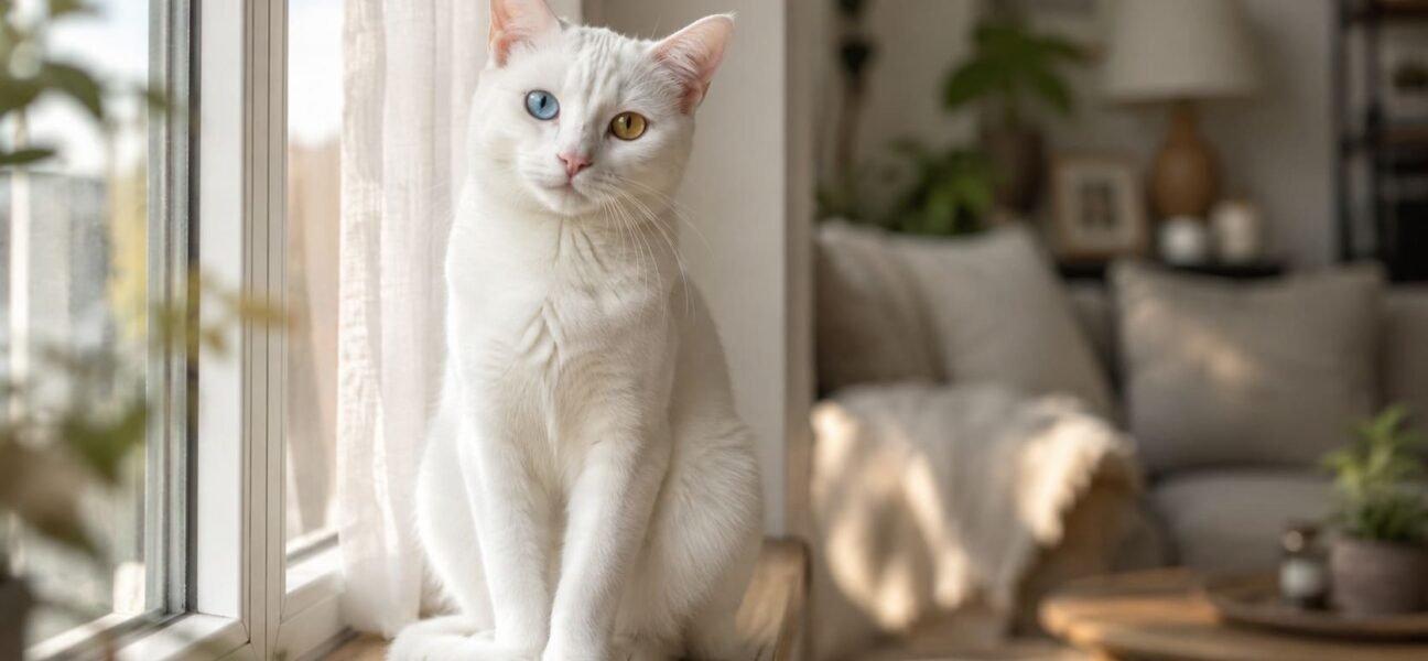 Odd-eyed white Khao Manee cat sitting on a sunlit windowsill in a home