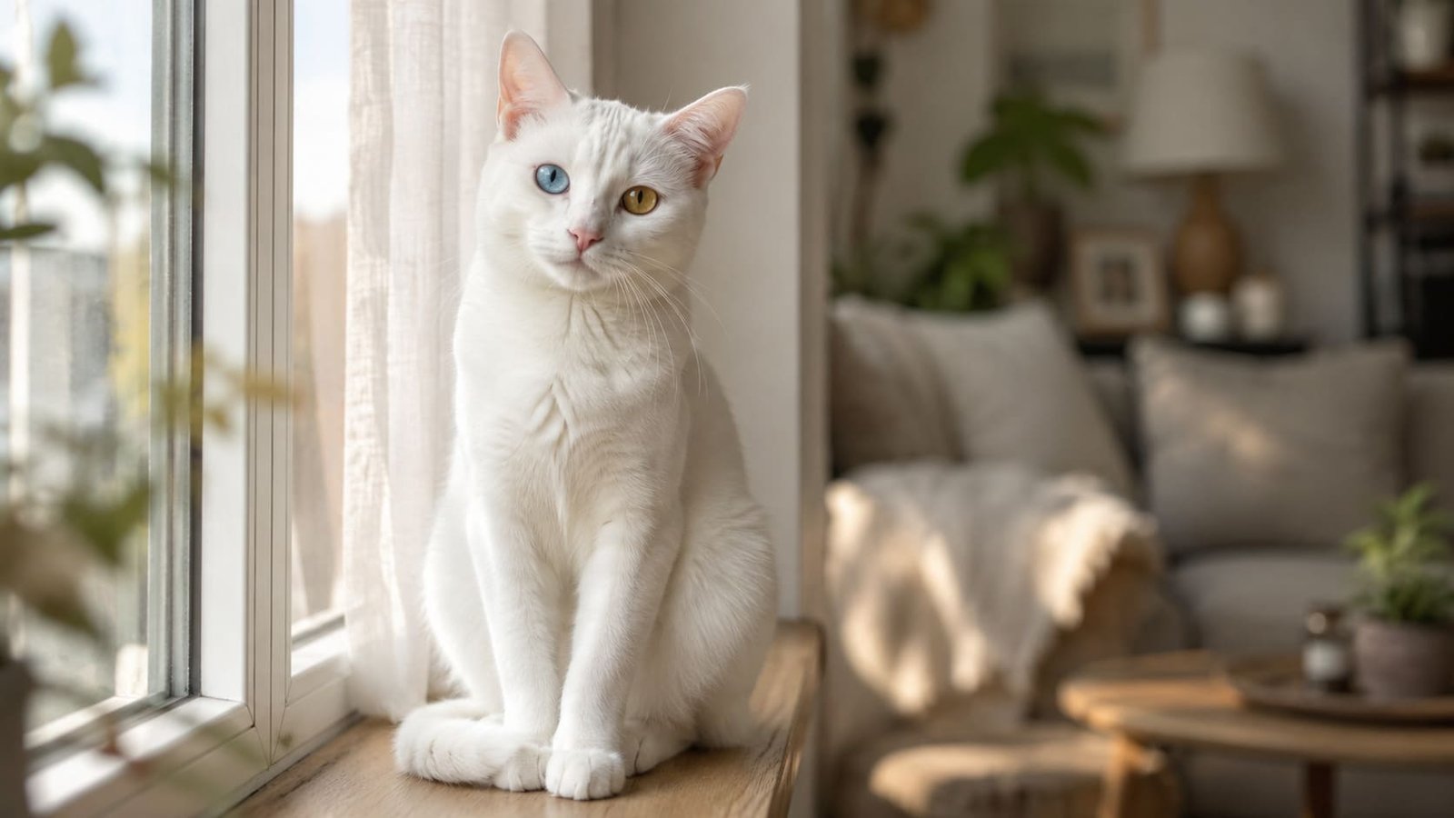 Odd-eyed white Khao Manee cat sitting on a sunlit windowsill in a home