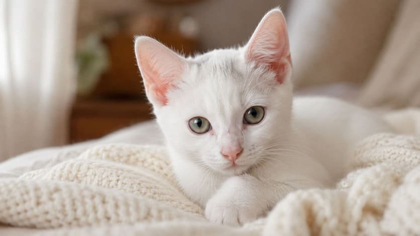 White Khao Manee kitten with a faint grey smudge on its head resting on a soft blanket