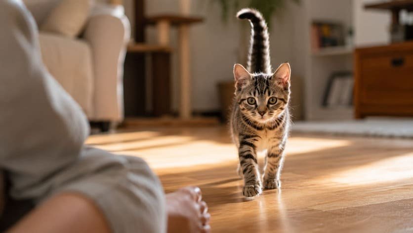 Young kitten walking toward a seated visitor with tail upright in a sunlit room