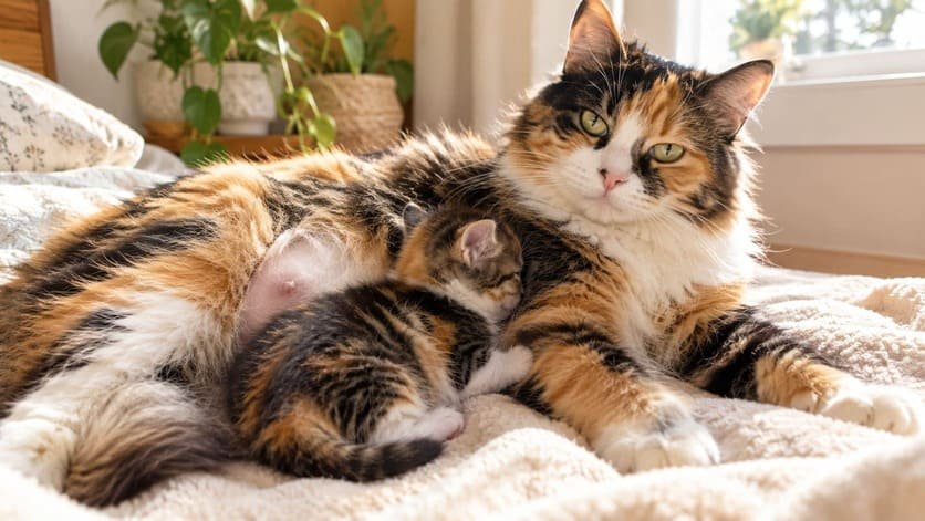 Young female kitten nursing beside her mother cat on a soft blanket indoors