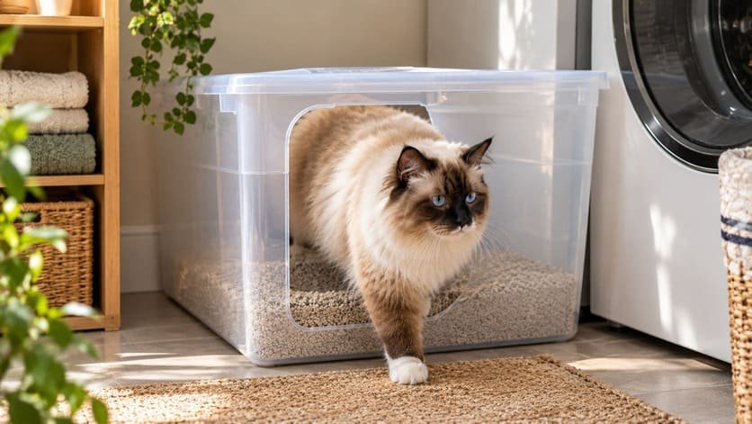 Female Ragdoll cat stepping into an extra-large storage tote litter box at home