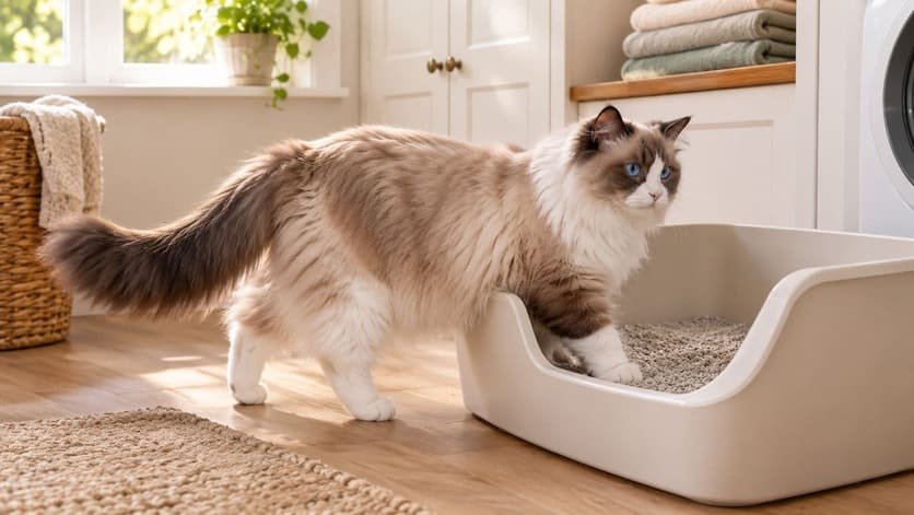 Large adult Ragdoll cat stepping into an extra-large open litter box in a home laundry room