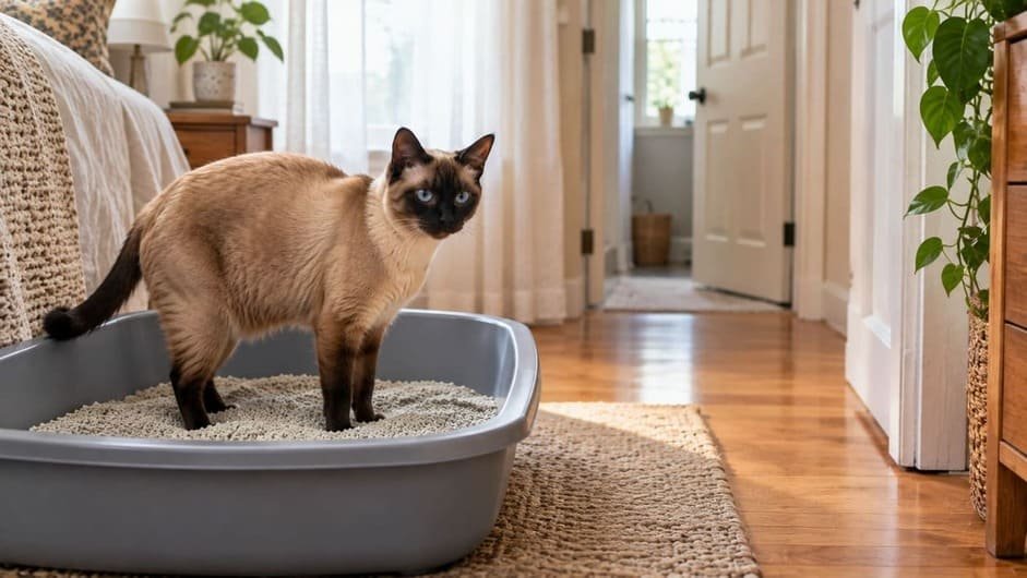 Siamese cat using a large uncovered litter box in a quiet, softly lit bedroom corner