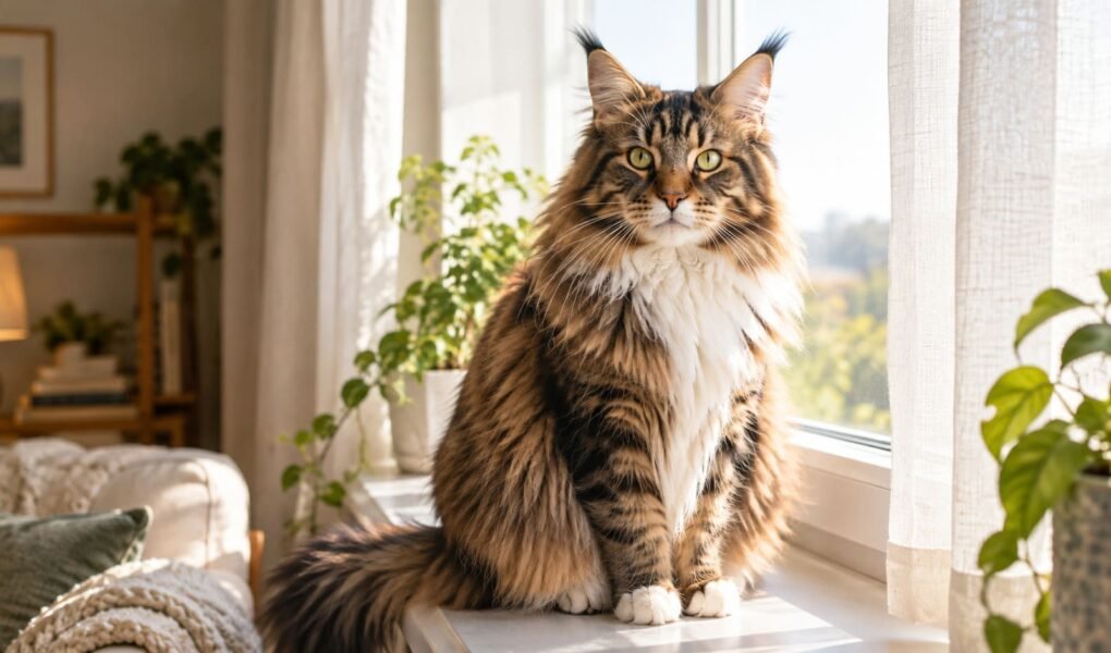 Large female Maine Coon cat with ear tufts sitting on a sunlit windowsill at home