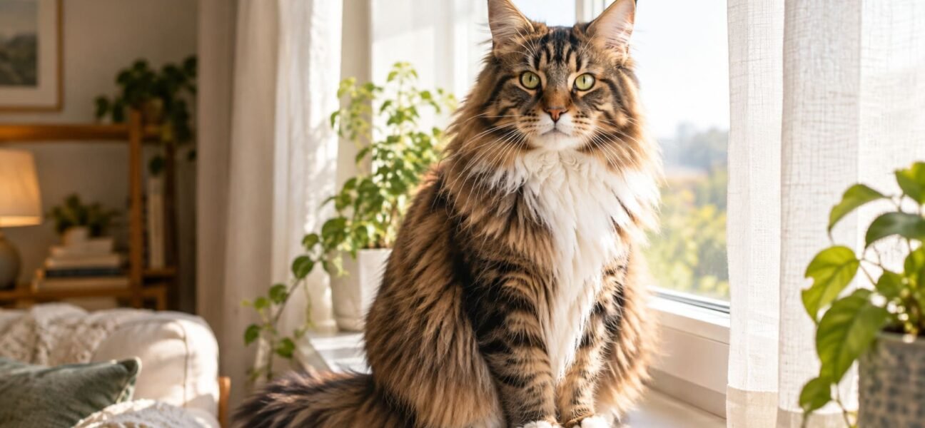 Large female Maine Coon cat with ear tufts sitting on a sunlit windowsill at home