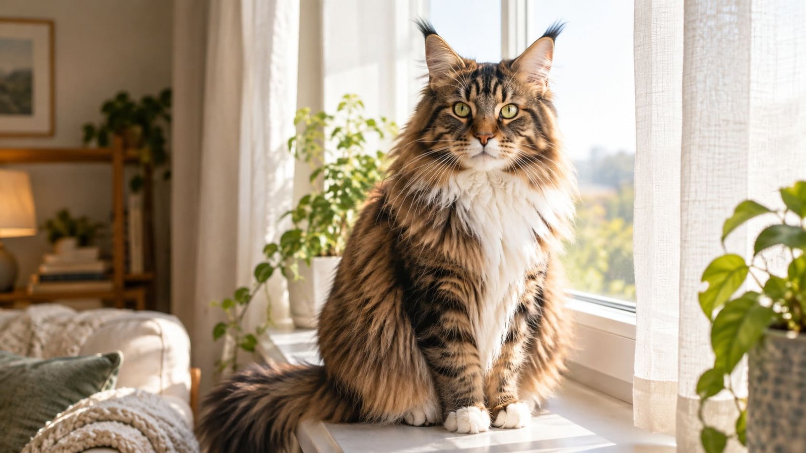 Large female Maine Coon cat with ear tufts sitting on a sunlit windowsill at home