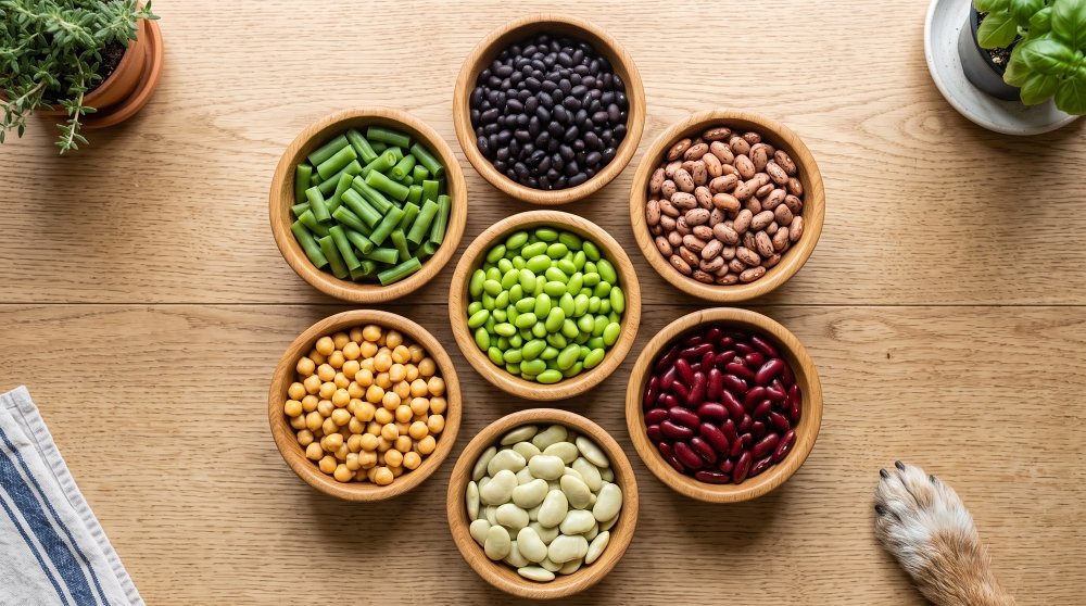 lat lay of bowls with dog-safe beans, chickpeas, and green beans with a dog paw on a wooden table