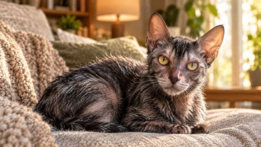 Female Lykoi cat with patchy roan coat and bare face resting on a sofa cushion