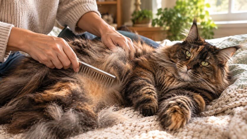Owner combing the fluffy belly and back leg fur of a relaxed tortoiseshell Maine Coon