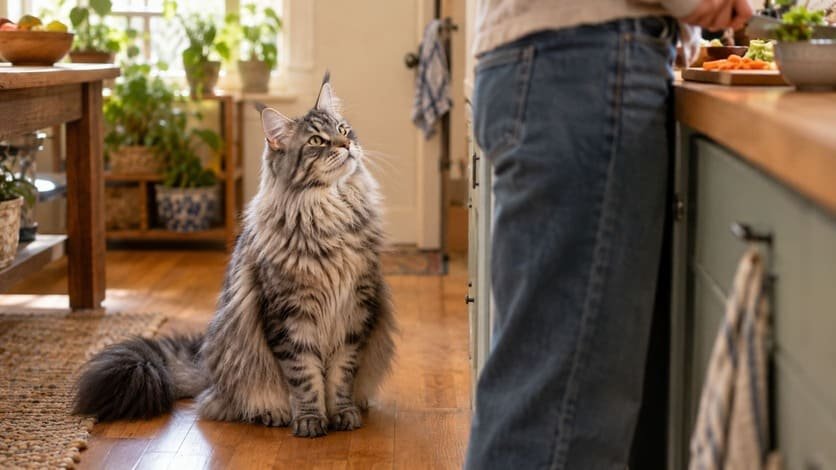 Silver tabby Maine Coon cat sitting on a kitchen floor watching her owner cook