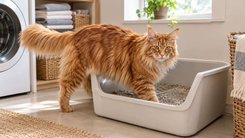 Red female Maine Coon stepping into an extra-large open litter box in a laundry room