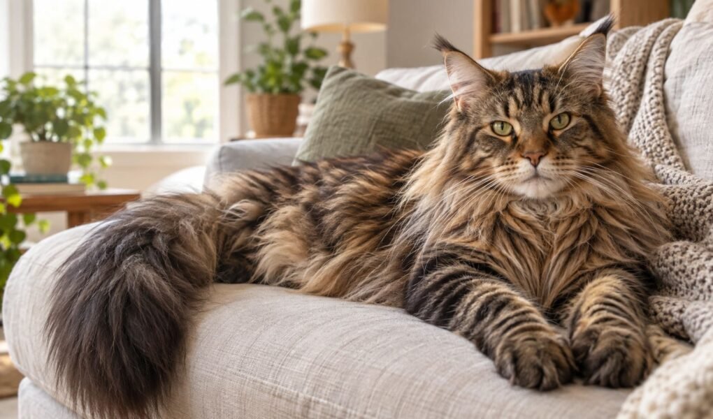 Large brown tabby female Maine Coon lounging on a sofa in a sunlit living room