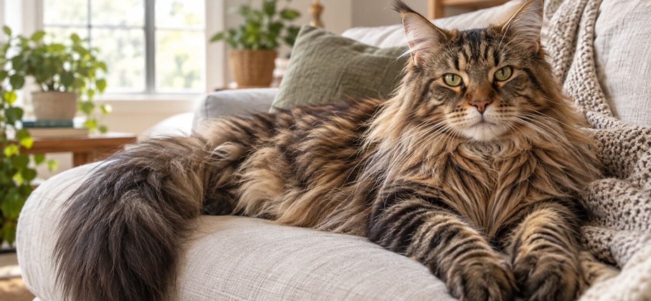 Large brown tabby female Maine Coon lounging on a sofa in a sunlit living room