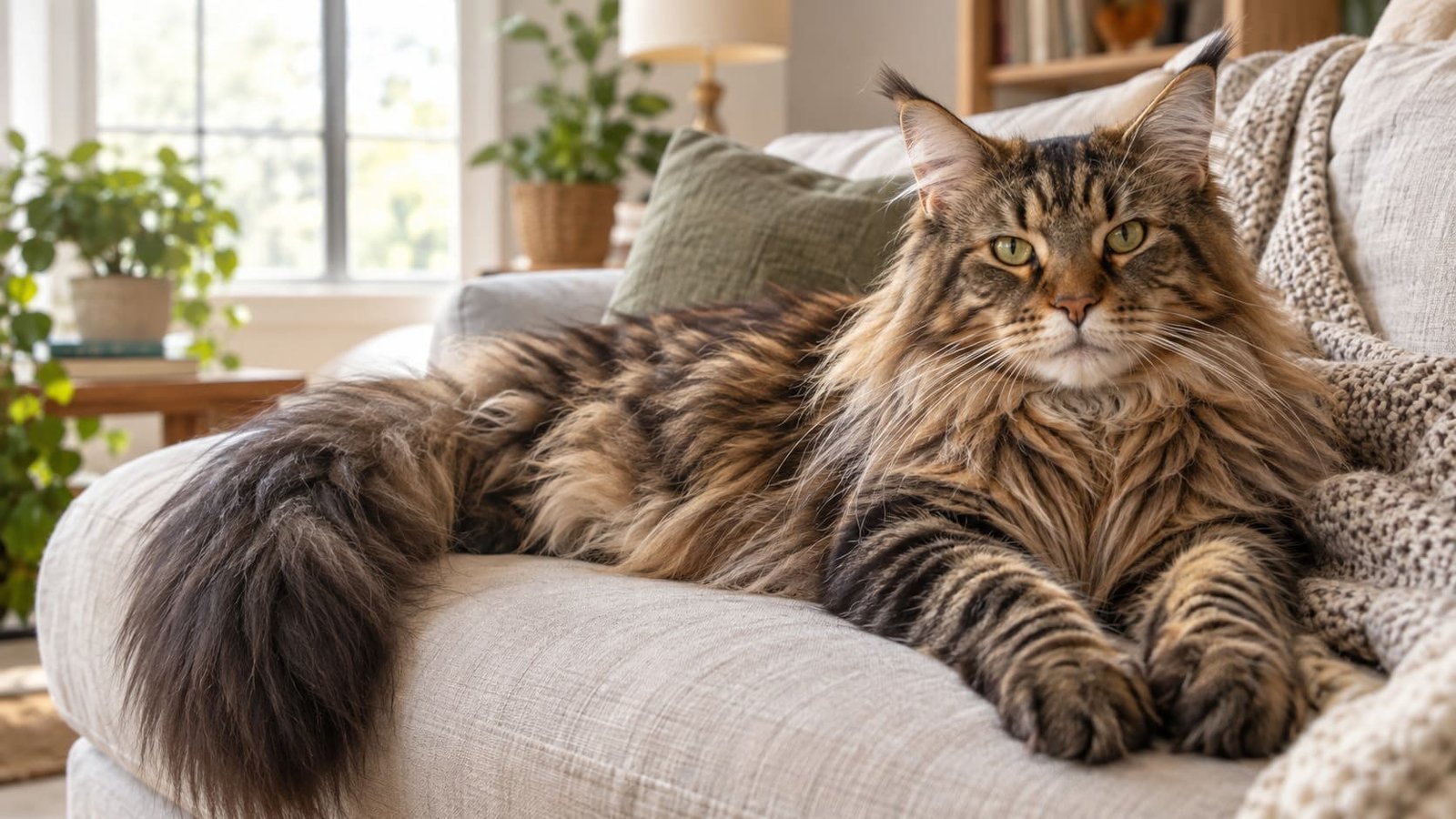 Large brown tabby female Maine Coon lounging on a sofa in a sunlit living room