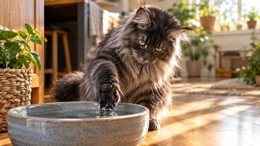 Young black smoke Maine Coon pawing at a water bowl on a sunlit kitchen floor