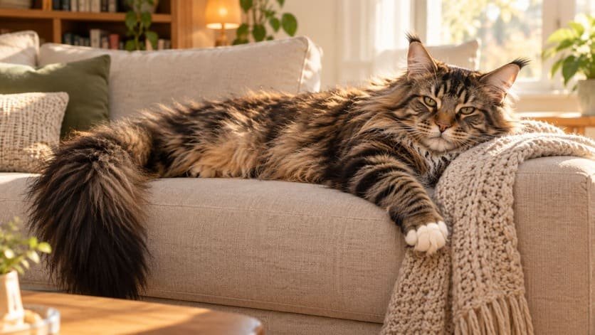 Brown tabby Maine Coon cat stretched full length across a living room sofa