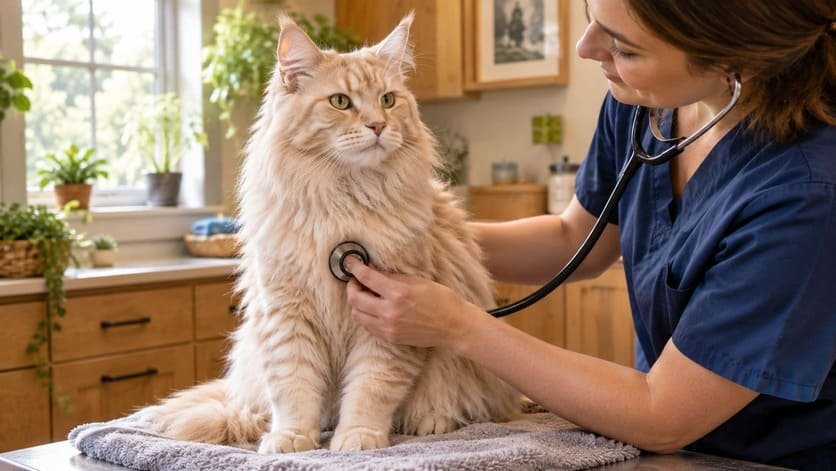 Calm cream Maine Coon on a towel-covered exam table while a vet listens to her heart