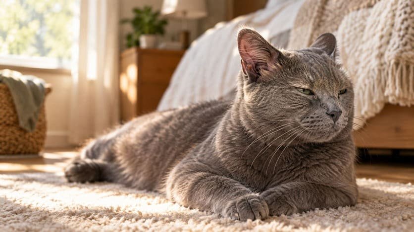 Gray male cat with one ear rotated backward while resting, showing an ear swivel response