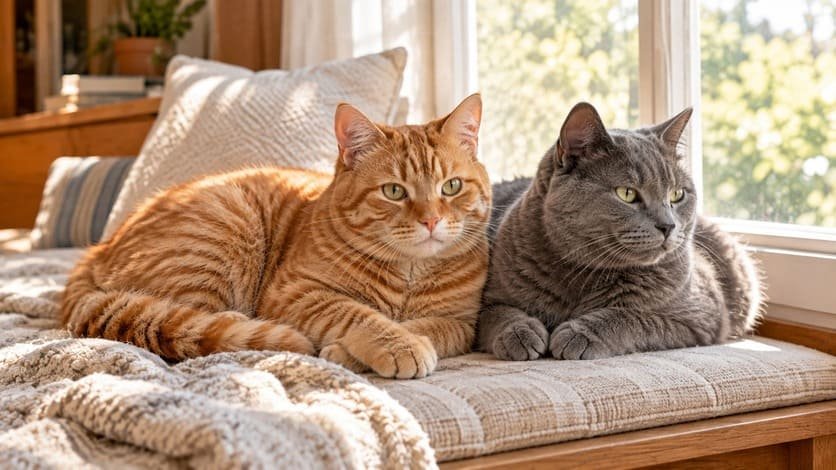 Orange tabby and gray male cats resting together in a sunlit living room