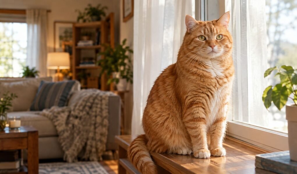 Orange tabby male cat sitting on a sunlit windowsill looking toward the camera