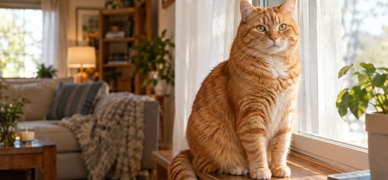 Orange tabby male cat sitting on a sunlit windowsill looking toward the camera