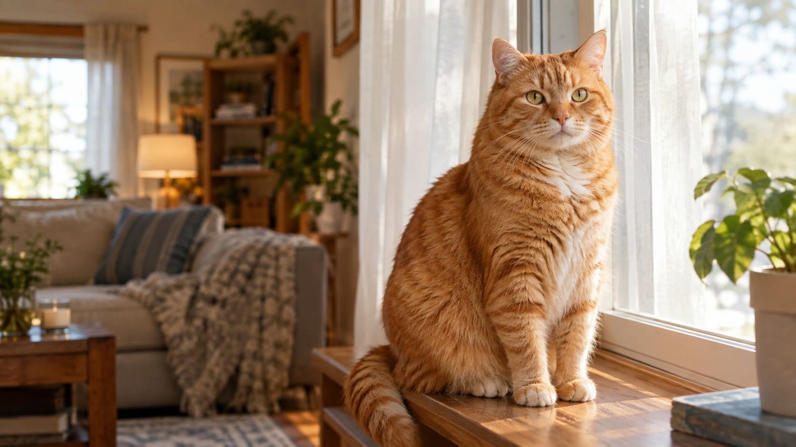 Orange tabby male cat sitting on a sunlit windowsill looking toward the camera