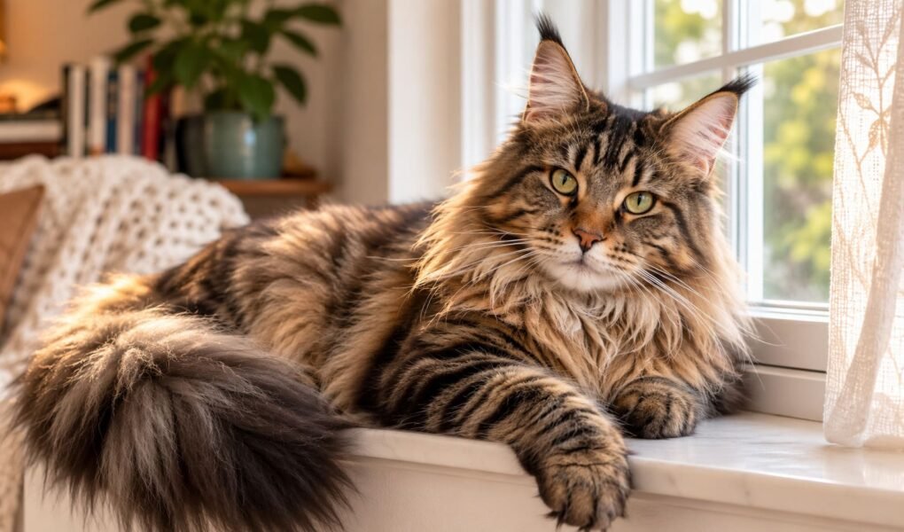 Long-haired Maine Coon cat resting on a sunlit windowsill in a cozy living room