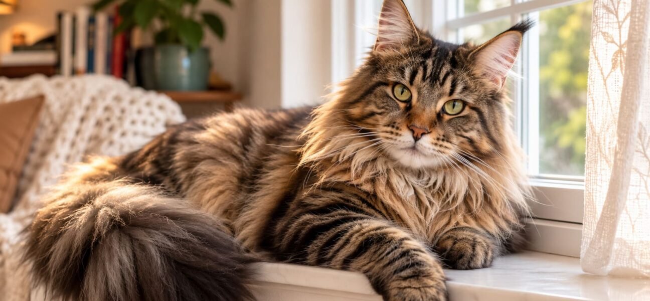 Long-haired Maine Coon cat resting on a sunlit windowsill in a cozy living room