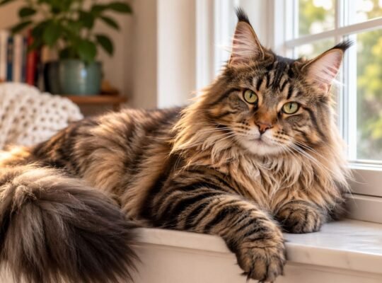 Long-haired Maine Coon cat resting on a sunlit windowsill in a cozy living room