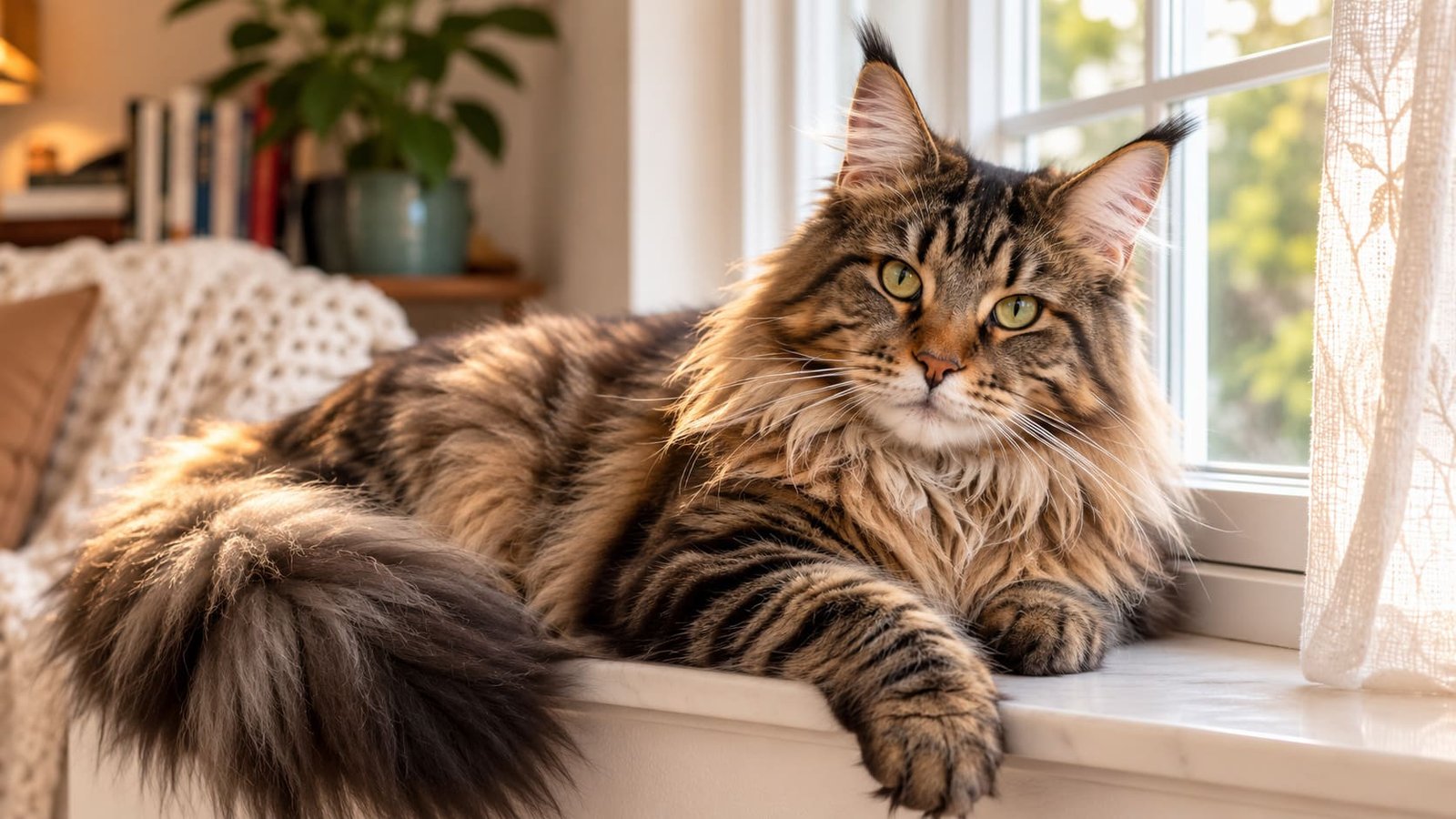Long-haired Maine Coon cat resting on a sunlit windowsill in a cozy living room