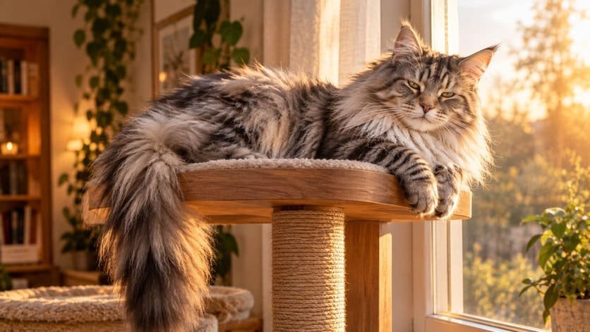 Female Norwegian Forest Cat with thick double coat resting on a sturdy cat tree