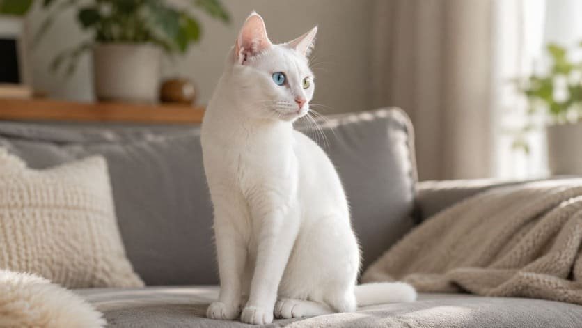 Odd-eyed white cat turning its head and ears toward a sound in a quiet living room