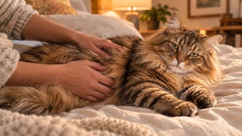 Person gently feeling the ribs of a calm female Siberian cat on a bed
