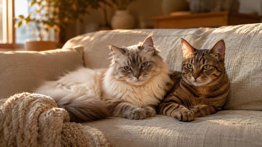 Two cats resting together on a sofa, one long-haired pedigreed and one brown tabby domestic shorthair