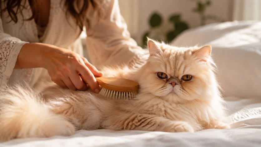 Woman gently brushing a cream Persian cat's long coat on a bed in soft daylight
