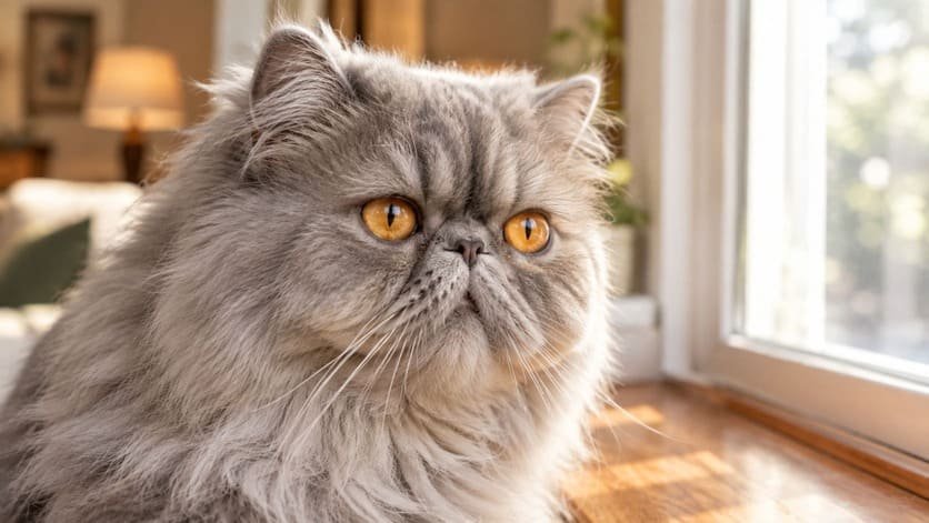 Close up portrait of a Persian cat's flat face, large round eyes and short nose