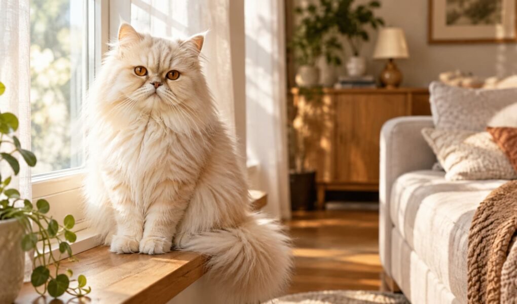Cream Persian cat with copper eyes sitting calmly on a sunlit living room windowsill