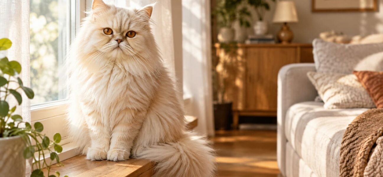 Cream Persian cat with copper eyes sitting calmly on a sunlit living room windowsill