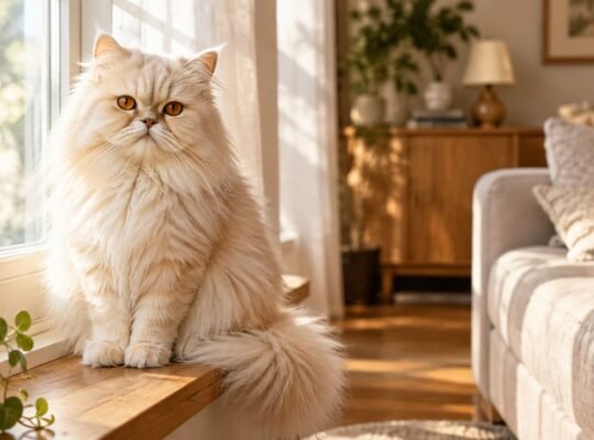 Cream Persian cat with copper eyes sitting calmly on a sunlit living room windowsill